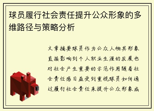球员履行社会责任提升公众形象的多维路径与策略分析